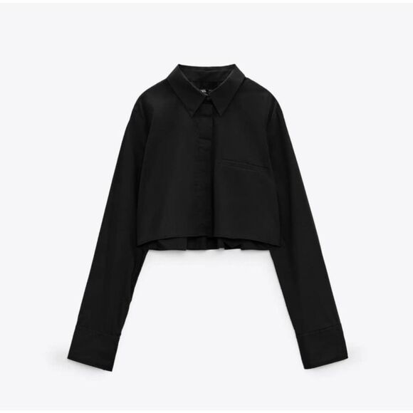 Zara NWT Long Sleeve Cropped Button Down Shirt Blouse Black Size XS - Picture 6 of 8